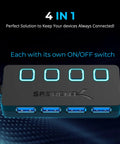Four Port Powered USB 3.0 Hub With Individual LED Power Switches For Independent On Off Control Supports Up To 5Gbps High Speed Data Transfer Plug And Play Easy Expansion For Desktops Laptops And Notebooks, four-port hub top view