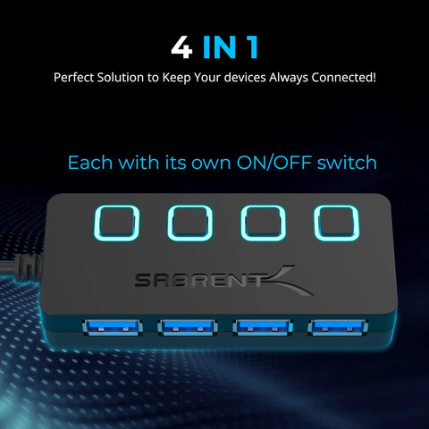 Four Port Powered USB 3.0 Hub With Individual LED Power Switches For Independent On Off Control Supports Up To 5Gbps High Speed Data Transfer Plug And Play Easy Expansion For Desktops Laptops And Notebooks, four-port hub top view