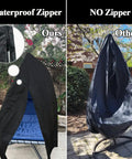 73 Inch Patio Hanging Chaise Lounge Cover With Zipper Waterproof Shield For Hammock Lounger Swing Chair And Stand 420D PVC Coated Windproof Rainproof Weather Protection From Pollen comparison between zippered and non-zippered covers outside.