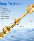 Shower Valve Rebuild Kit With TA-10 Flow Spindle, TA-4 Hot Cold Seats, And T-12A Cap shown with easy installation parts