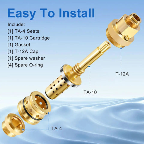 Shower Valve Rebuild Kit With TA-10 Flow Spindle, TA-4 Hot Cold Seats, And T-12A Cap shown with easy installation parts