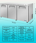 72 Inch 3 Door Undercounter Commercial Refrigerator Packing 16 6 Cubic Feet Of Cooling Space Built Hard As Nails For Busy Shops Seeking No Hassle Flatbed Liftgate Delivery Setup, featuring stainless steel finish.