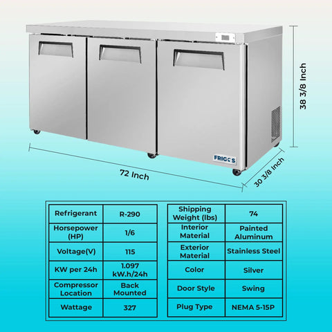 72 Inch 3 Door Undercounter Commercial Refrigerator Packing 16 6 Cubic Feet Of Cooling Space Built Hard As Nails For Busy Shops Seeking No Hassle Flatbed Liftgate Delivery Setup, featuring stainless steel finish.