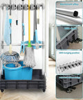 Grab-And-Go Mobile Broom And Mop Organizer Cart With Drying Hooks Floor Standing Cleaning Tool Rack Wheeled Storage
