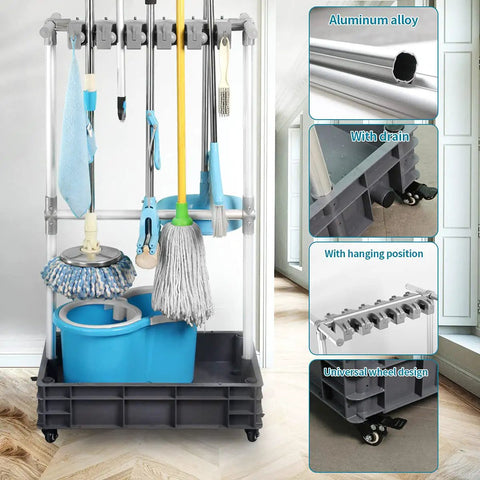 Grab-And-Go Mobile Broom And Mop Organizer Cart With Drying Hooks Floor Standing Cleaning Tool Rack Wheeled Storage