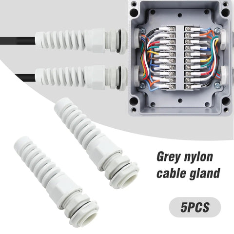 Five Pack NPT Half Inch Waterproof Cable Gland With Flexible Spiral Strain Relief Nylon Body For Junction Box Installation
