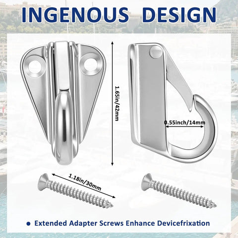 Close-up of Six Pack Boat Fender Hooks In 316 Stainless Steel with spring latch and screws, showing dimensions for installation.