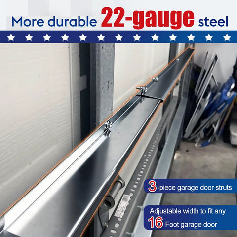 Close-up of 16 Foot Garage Door Reinforcement Kit Built Tough With Heavy Duty Steel Bracket System to Stop Sagging and Warping.