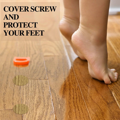 Child's feet beside Wood Grain Adhesive Screw Hole Cover Sticker Set, 648 Pieces, 12 Colors, waterproof PVC caps on wood floor.