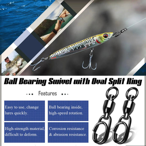 Beefy Heavy Duty Fishing Swivel Set With Steel Ball Bearing, Stainless Connector, Rolling Snap Swivels In Black Nickel Finish, 25 Pieces, 30 Lb Test, Stainless Steel Corrosion Resistant, Durable Gear For Freshwater And Saltwater on lure and split ring
