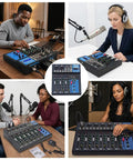 Collage of 4 Channel DJ Mixer Board With Bluetooth USB Audio Interface And 48V Phantom Power used in various settings.