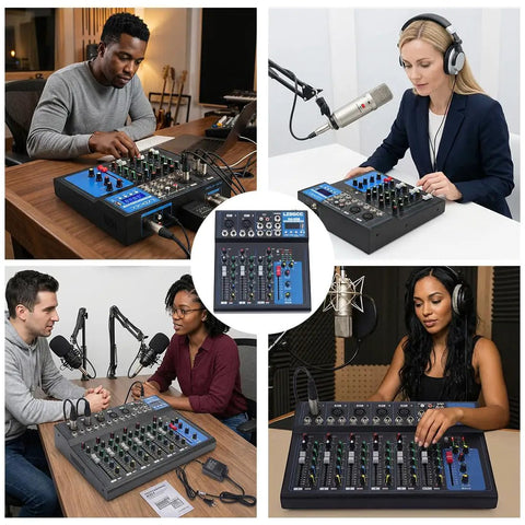 Collage of 4 Channel DJ Mixer Board With Bluetooth USB Audio Interface And 48V Phantom Power used in various settings.