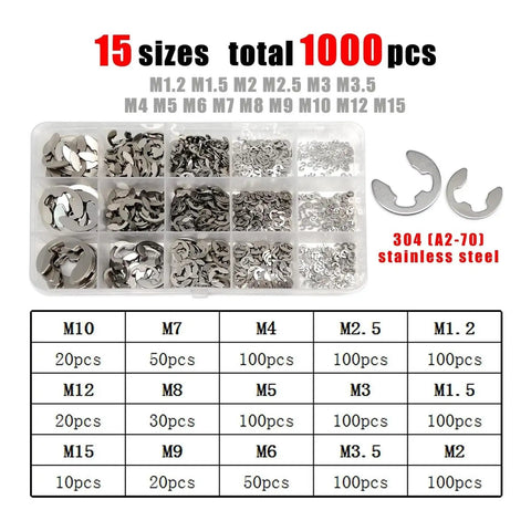 External Circlip Retaining Ring Kit Set M1.2 To M15 For Shafts E Type Circlips Stainless Steel SS304 1000 Pcs Heavy Duty Built To Last Shaft Bearing Retention Solution, 1000-piece assortment