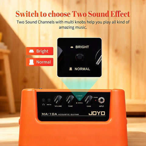 Compact 10W Acoustic Guitar Amplifier With 15 Foot Cable Bundle showcasing bright and normal tone controls on orange unit