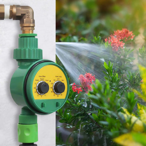 Automatic Sprinkler Timer With Rain Delay And Manual Watering, Smart Garden Irrigation Controller, close-up showing green device