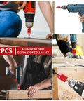 Heavy Duty Two Piece Adjustable Drill Bit Depth Stop Collar Kit Machined From Solid Aluminum Alloy in use on various drills.