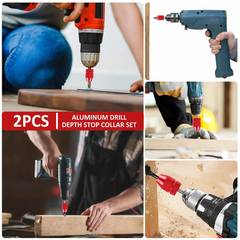 Heavy Duty Two Piece Adjustable Drill Bit Depth Stop Collar Kit Machined From Solid Aluminum Alloy in use on various drills.