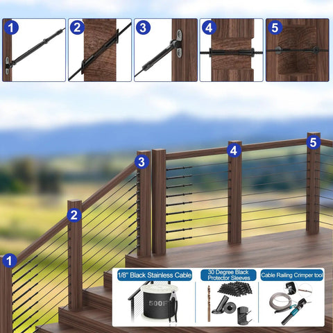 Black Stainless Steel Protector Sleeves For One Eighth Inch Cable Railing 120 Pack Fits Wood And Composite Posts shown in deck installation