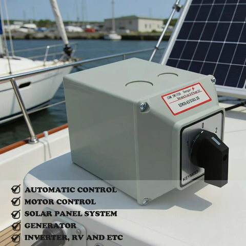 Rugged Heavy Duty 63A Rotary Changeover Switch With Exterior Box For Solar and Grid Power Switching on boat deck