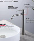 Diagram of Brushed Nickel Vessel Sink Faucet With SpotShield Finish No Lead SUS304 Stainless Steel 1 Hole Bathroom Faucet For Vessel Sinks.