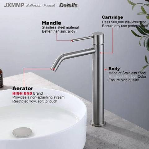 Diagram of Brushed Nickel Vessel Sink Faucet With SpotShield Finish No Lead SUS304 Stainless Steel 1 Hole Bathroom Faucet For Vessel Sinks.
