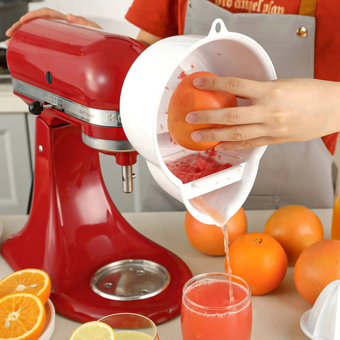 Stand Mixer Juicer Attachment With Two Size Reamers For Fresh Citrus Juice used on red KitchenAid with grapefruit juicing