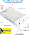 Diagram of 46 LED Solar Outdoor Lights with 4 modes, motion sensor, mounting holes, on/off switch for patio, barn, porch.