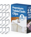 Box of Heavy Duty Stainless Steel Picnic Tablecloth Clips 12 Pack for Outdoor Tables, shown with clips and packaging.