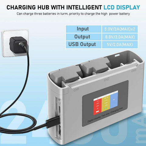 Two Battery Pack With Display And Two Way Charging Hub For DJI Mini 4K Mini 2 Mini 2 SE Mini SE Drones 2400mAh High Capacity Spare Batteries With Up To 30 Minute Flight Time featuring an LCD display.