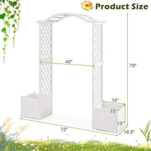 Diagram of Durable Fir Wood Garden Arbor With Planter Boxes And Trellis For Climbing Plants Veggies And Herbs with dimensions