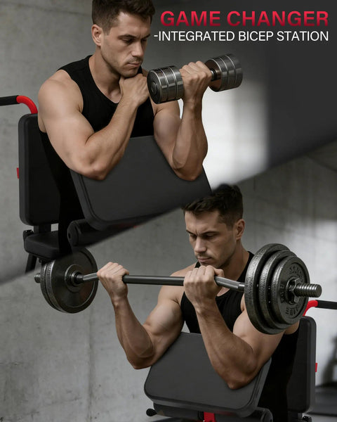 Man using Six In One Leg Extension And Curl Machine For Home Gym Target Quads Hamstrings Glutes With Seated Leg Curl Lying Leg Curl And Preacher Pad For Easy Bicep Curl Workouts At Home with preacher pad for bicep curls.