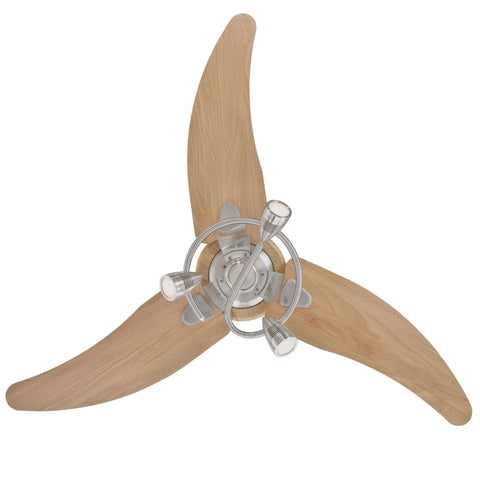 Top view of 48 Inch Ceiling Fan With Light In Brushed Nickel Finish, Beech Blades, LED Light Kit, Down Rod Mount, three GU10 LEDs visible