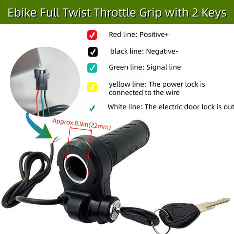Full Twist Throttle Grip With 2 Keys for Ridstar Electric Bikes, Black, 22mm size, ergonomic design with wiring diagram