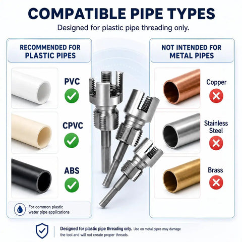 PVC Pipe Threader Kit For 1/2 3/4 1 Inch Plastic Pipes With Internal And External Threading Tool Drill Compatible Includes 3 Hex Adapters Gloves And Thread Seal Tape For Quick Pro Quality Pipe Connections. Compatible with PVC, CPVC, ABS; not for metal pipes.