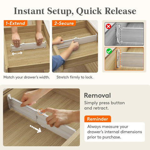 Hands demonstrating setup for Straight Up Tall 3.2 Inch Adjustable Drawer Dividers For Clothes Heavy Duty Abs Plastic Closet Organizers.