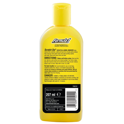 Back view of Scratch Out Liquid Car Scratch Remover And Polishing Compound For Light Scratches, 7 oz bottle, instructions visible