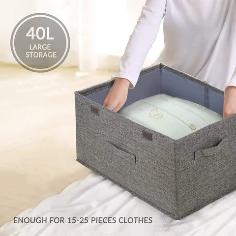 Nifty Collapsible Linen Fabric Storage Basket With Sturdy Foldable Design For Clothes Toys Shoes Books Towels And Magazines Sweet Home Organization Setup, 40L storage capacity holding clothes.