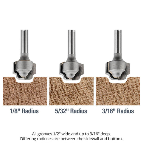 Comparison of juice groove router bits showing 1/8, 5/32, and 3/16 inch radii; 1/2 inch groove width; flat bottom design; front view.