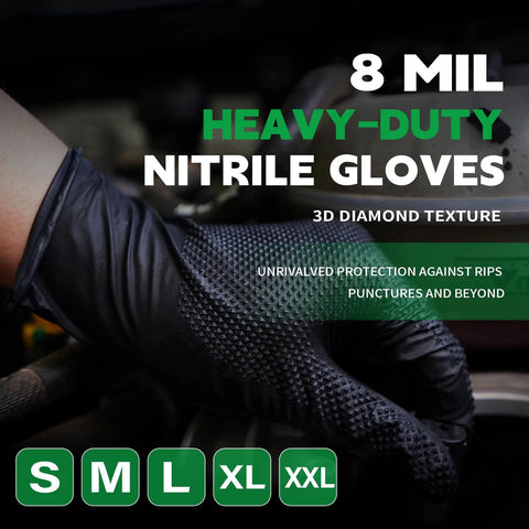 Black nitrile disposable gloves, heavy-duty 8 mil with 3D diamond texture, large size (L).