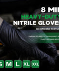 Black nitrile disposable gloves with 3D diamond texture; 8 mil heavy-duty, sizes S-XXL shown