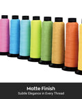 Assorted Matte Embroidery Thread 40WT Low Sheen Polyester spools in various colors for embroidery machines.