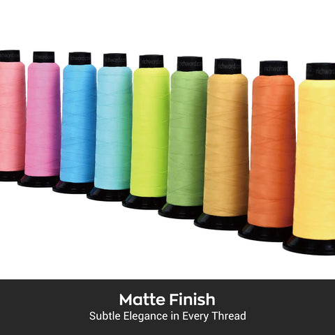 Assorted Matte Embroidery Thread 40WT Low Sheen Polyester spools in various colors for embroidery machines.