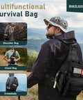 Survival kit bag; three views show crossbody/shoulder/chest options, black tactical pack.