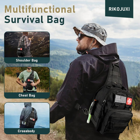 Survival kit bag; three views show crossbody/shoulder/chest options, black tactical pack.