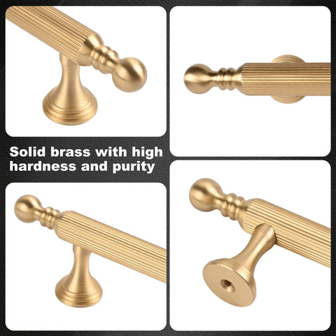 Close-up views of Two Pack Solid Brass Cabinet Handles In Gold Finish, showing detailed design and texture, suitable for kitchen and wardrobe use.