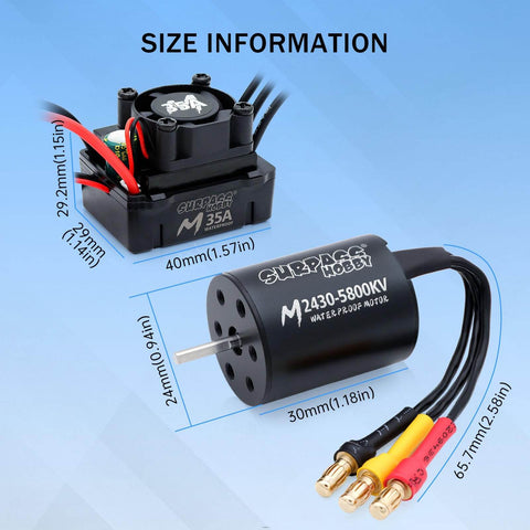Waterproof RC Beefy Brushless Motor And 35A ESC Combo 2430 5800KV for remote control cars, with size dimensions shown.