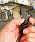 Hand holding 3 In 1 Infinity Lighter With Multitool Keychain Bottle Opener Reusable Waterproof Permanent Match Fire Starter for Outdoor Survival in Silver and Black