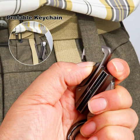 Hand holding 3 In 1 Infinity Lighter With Multitool Keychain Bottle Opener Reusable Waterproof Permanent Match Fire Starter for Outdoor Survival in Silver and Black