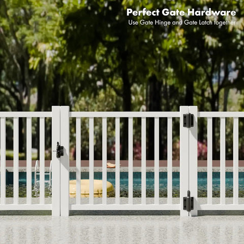 White fence with pool background featuring 2 Pack Weatherproof Gate Hinges With Safe Spring Mechanism And Tension Control Tool
