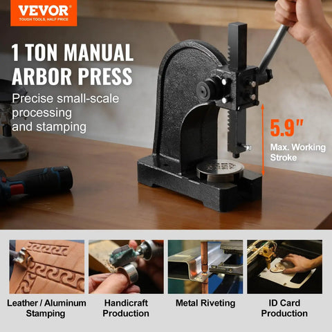 1 Ton Manual Arbor Press For Stamping Bending And Forming Cast Iron Desktop Hand Press With 5.9 Inch Stroke Heavy Duty Precision Tool